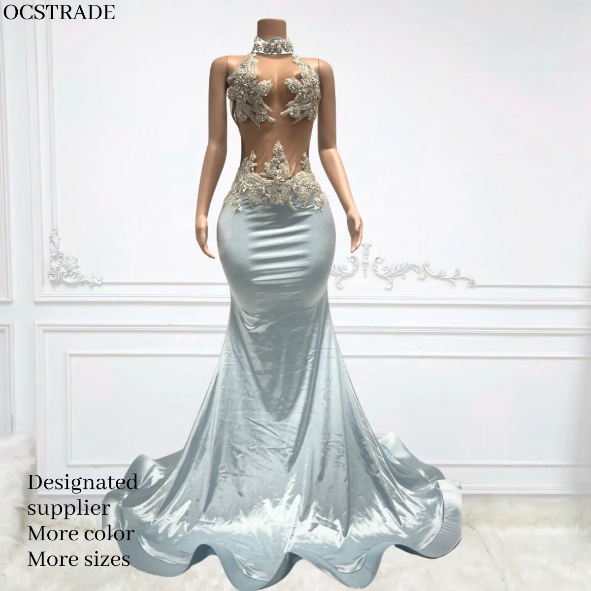 backless rhinestone prom dress A-Line Rhinestone Backless Blue Tulle Long Evening Prom Dresses, Cheap –  BubbleGowns main image 0