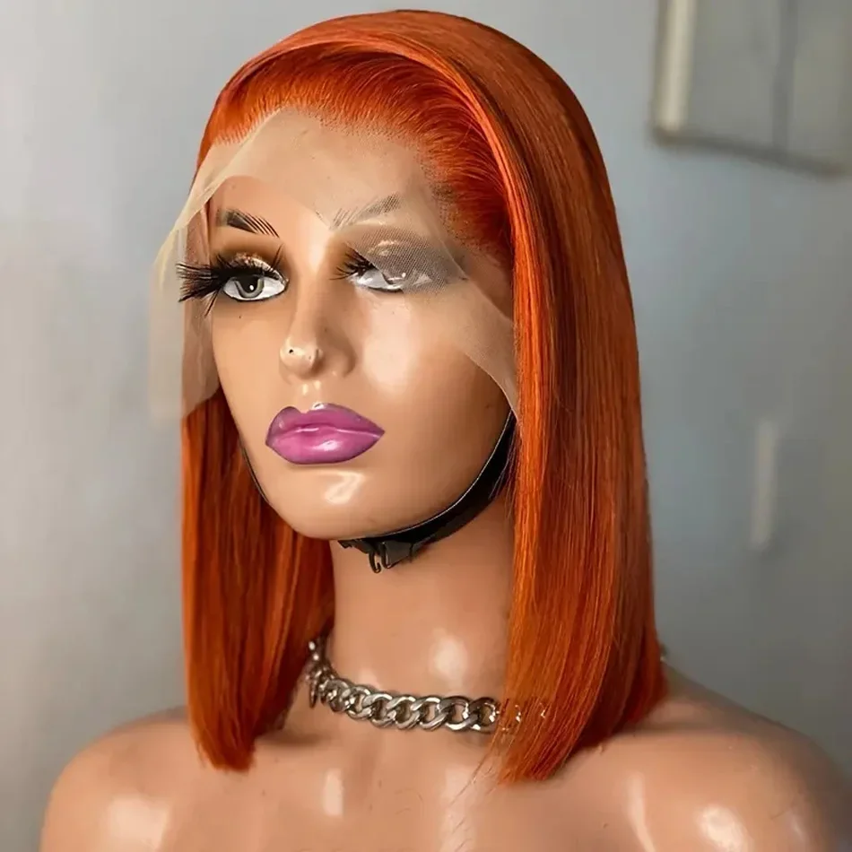 Kurze Bob Echthaar Lace Frontal Perücke Ingwer Orange Brasilianisches Remy für Frauen Täglich_voghion.com