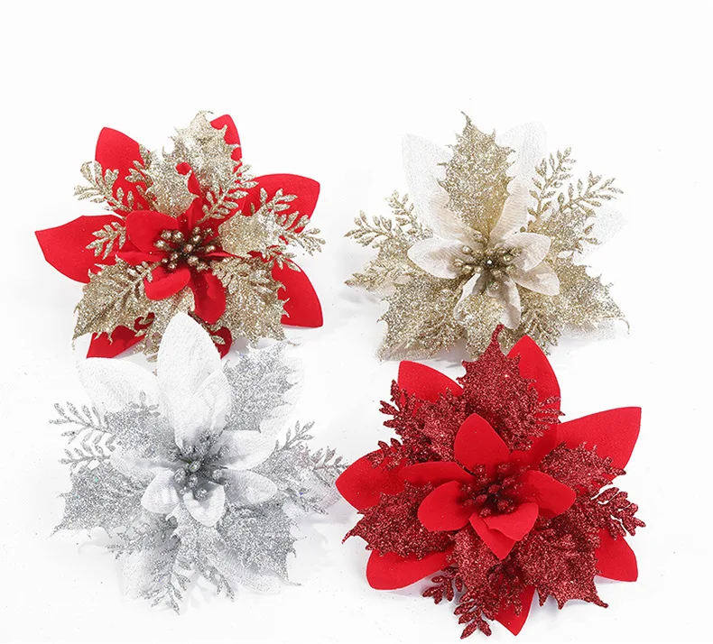Red Gold Silver Artificial Christmas Glittered Poinsettia Flower For Christmas Tree Decorative