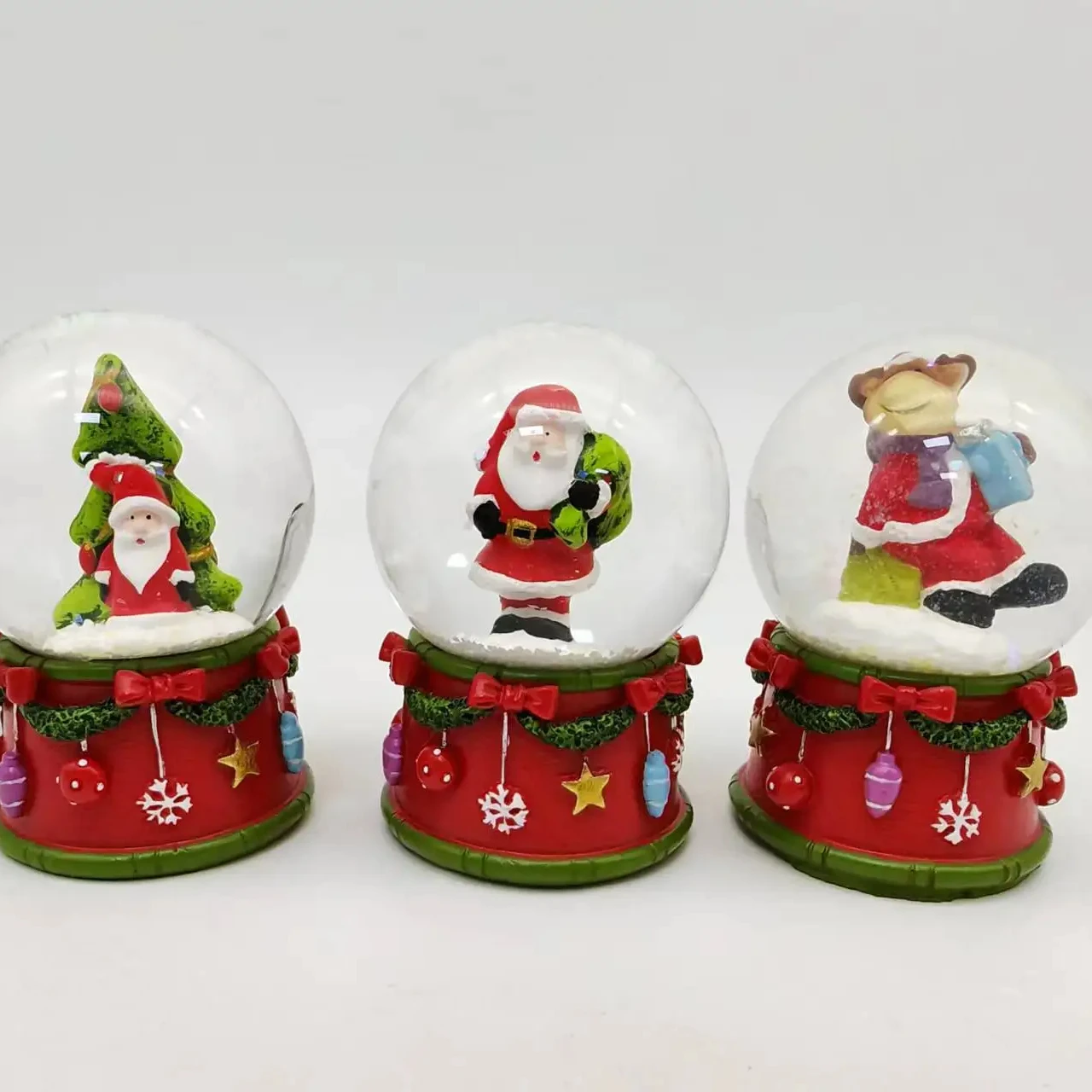 wholesale Decorative Transparent Glass Custom Snow Water Globe With Resin Christmas Figurine Inside Santa Claus Led Lighted