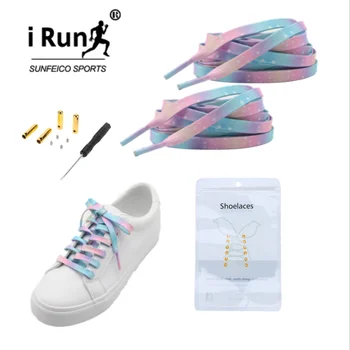iRun Polyester Special Purple Blue Cement Flat Laces Men Women Heat Transfer Printing Elastic Shoe Laces With Gold tips