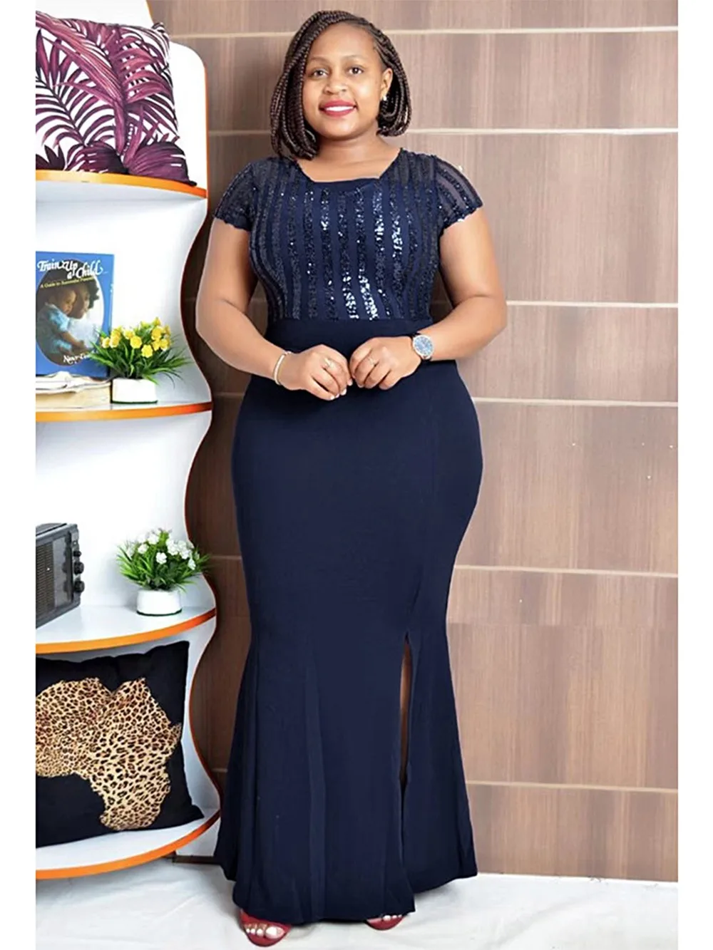 K0055 African Women's Wear Party Evening Dress Plus Size Round Neck Solid  Color Dresses European Lace Robe Femme