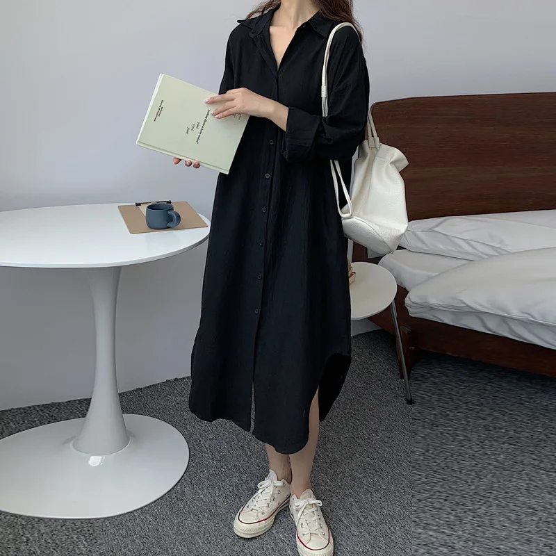 chinese dress ladies Women's Cotton Linen Half Button Up Collared Shirt Dress Casual Loose Long  Sleeve Side Split Midi Dresses with Pockets at Amazon Women's Clothing store main image 0