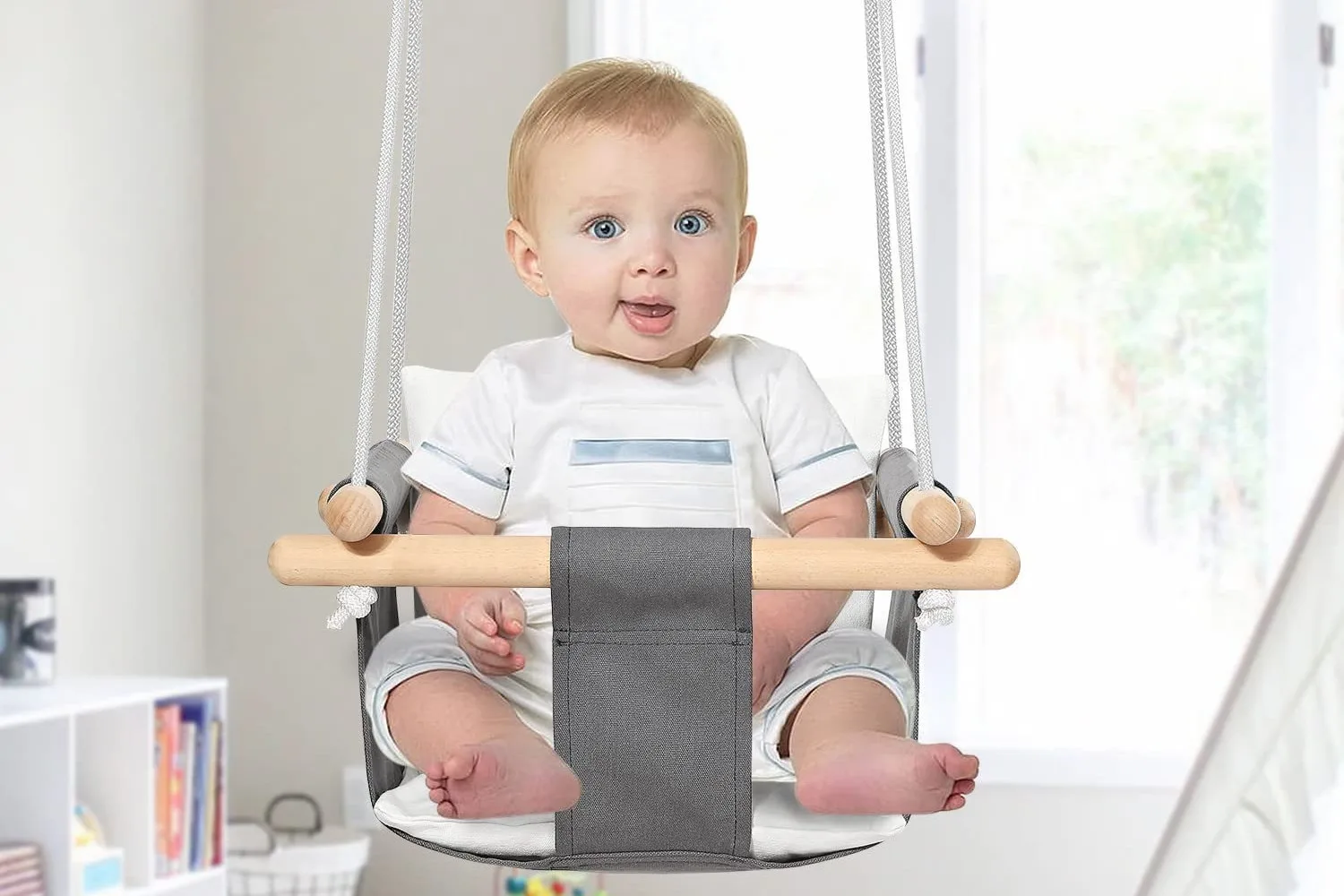 Hot Wooden Baby Swing Chair Canvas Hanging Swing Seat With Cushion