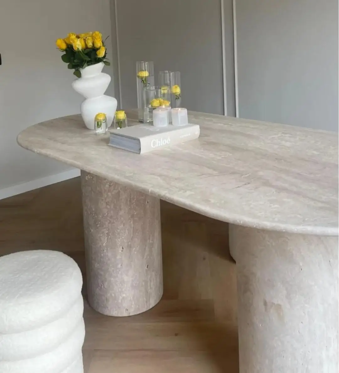 Luxurious Custom Natural Beige Travertine Dining Table Handcrafted Oval Marble