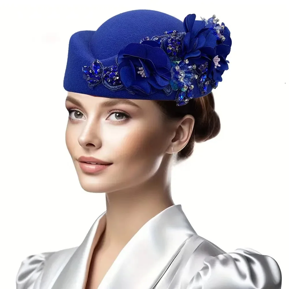 Women\'s British Felt hat Church Derby Headdress Floral Beret hat White Retro British Felt Headscarf hat Women main image 4