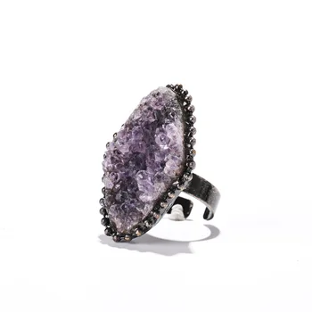 Fashion Women Jewelry Gemstone Ring Vintage Sugar Natural Irregular Cluster Quartz Purple Amethyst Druzy Drusy Rings