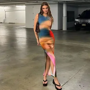 2026 Women's Sleeveless Split Tie Dye Bodycon Dress Slim Fit Digital Printed Natural Waistline Eco-Friendly and Washable