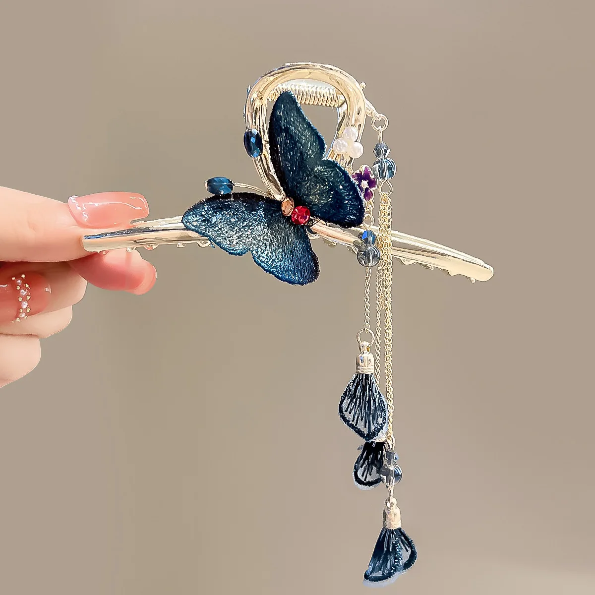 Double Butterfly Hair Clip Crystal Insect Hair Grip Dark Grey Blue Elegant Crystal butterfly hair clips in purple, blue and gold  main image 3