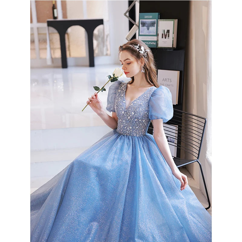 Princess Sequin Prom Dress 2022 Elegant Light Blue Lace Beaded Dress