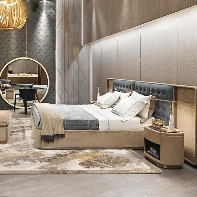 Contemporary Wood Frame Double King Size Leather Luxury Bed Home Suite Modern Wooden Queen Full Bedroom Furniture Set