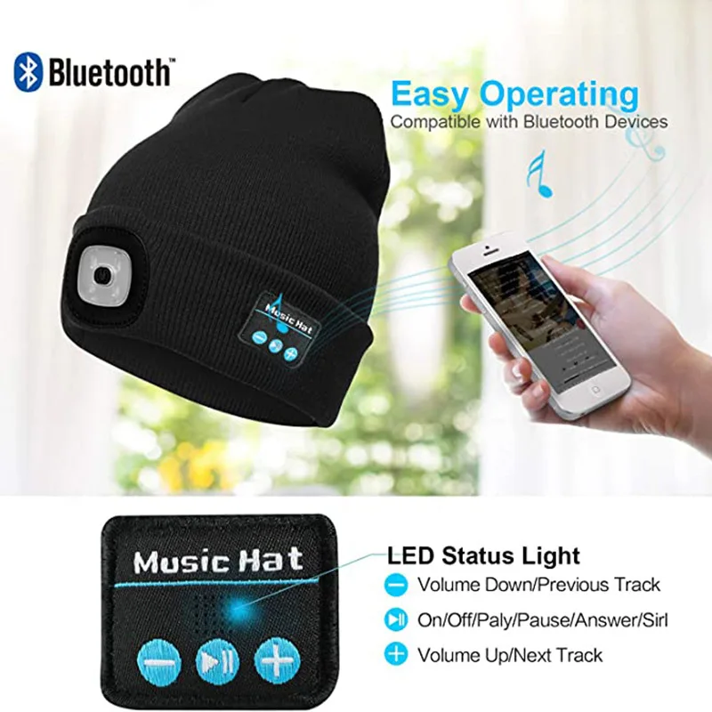 3in1 Wireless Bluetooths Music Hat LED Lights Knitted Beanie Hat USB Rechargeable - Image 4