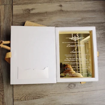 Luxury Design Booklet White Foil Gold Mirror Wedding Acrylic Invitation With Box