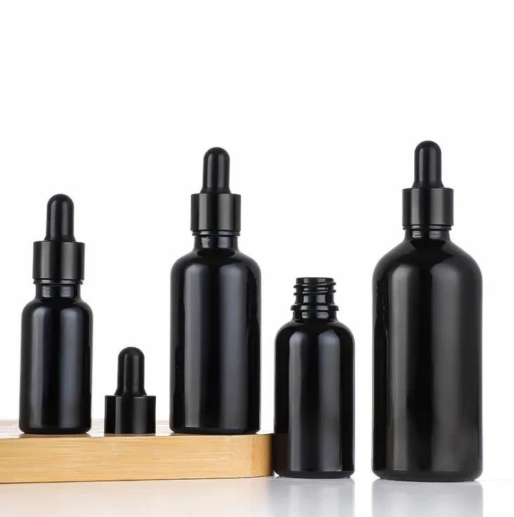 5ml to 100ml Luxury Black Glass Essential Oil Bottles Empty Dropper Serum Essence Bottle with Stylish Design