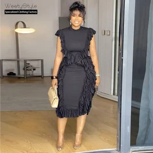 Summer New Fashion Women's Bodycon Dress European American Style Ruffled Waist Midi Length Casual Dress Solid Color Natural Day