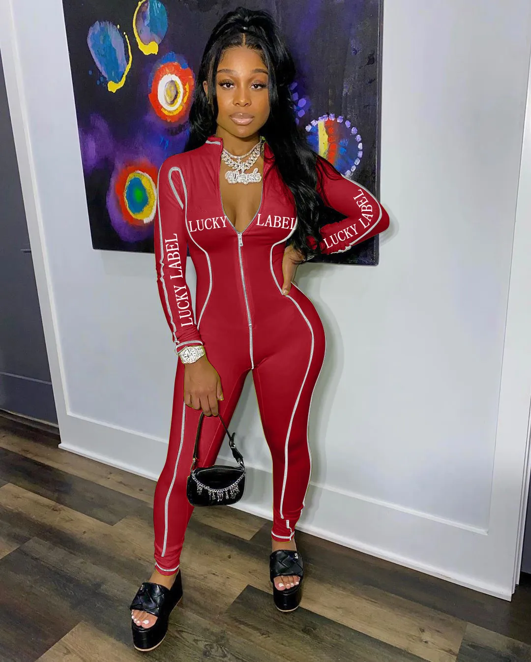 red lucky label jumpsuit