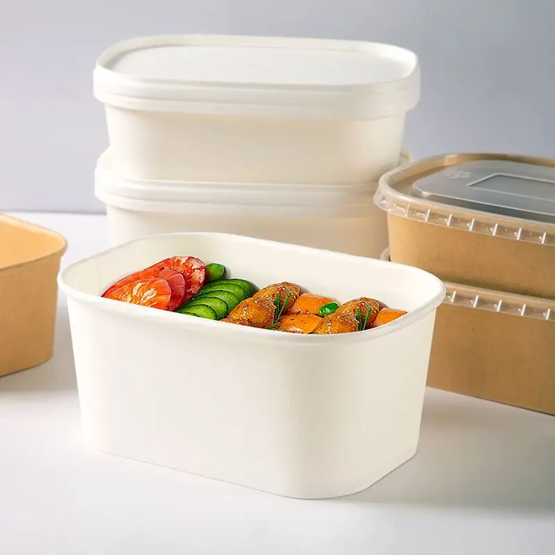 500ml 750ml 1000ml 1300ml Take Away Disposable Rectangular Square Kraft Paper Bowl With PET Lid For Salad manufacture