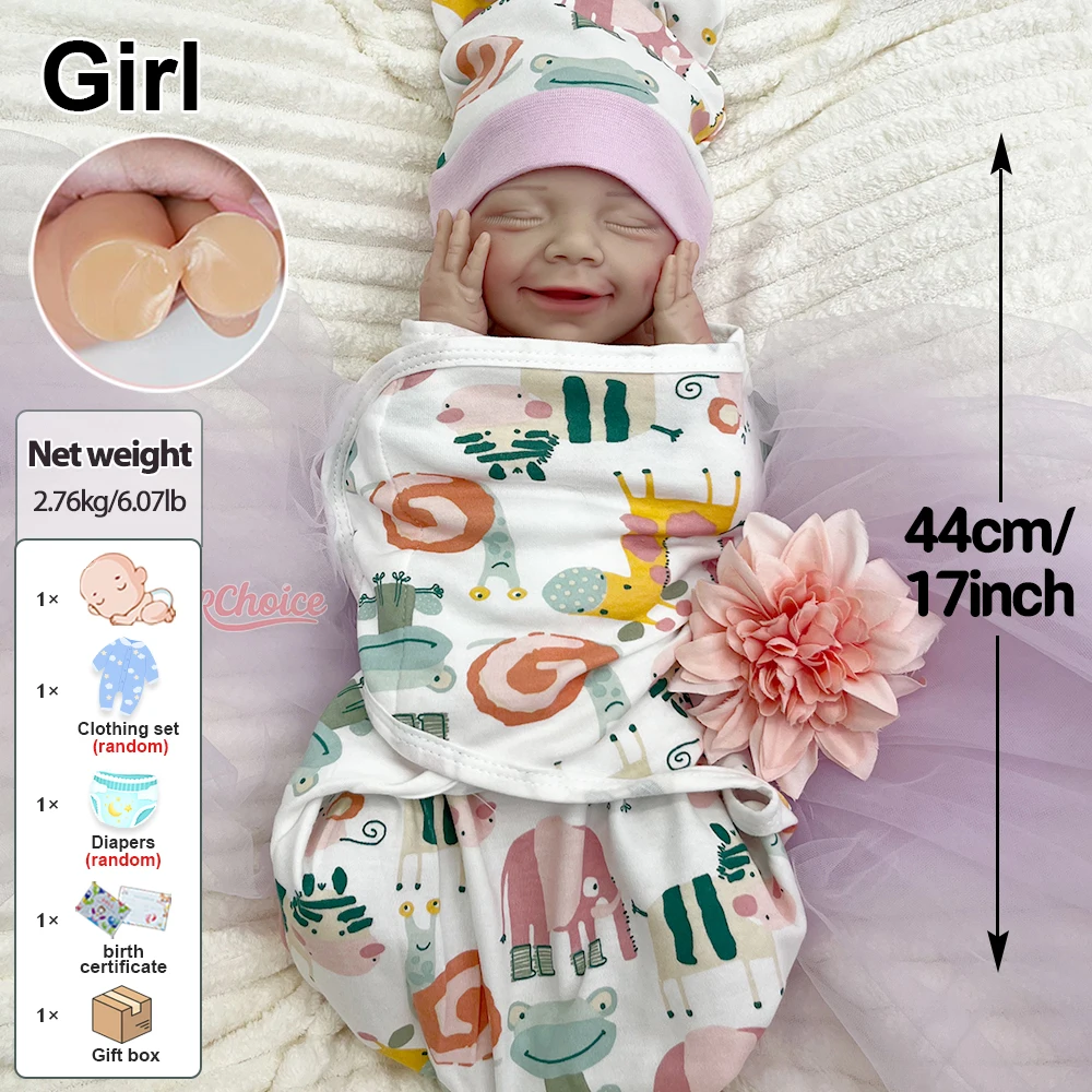 17" Smiling Realistic Soft Full Solid Silicone Reborn Baby Dolls for Girls Can Drink Educational Toys for Nursery Practice