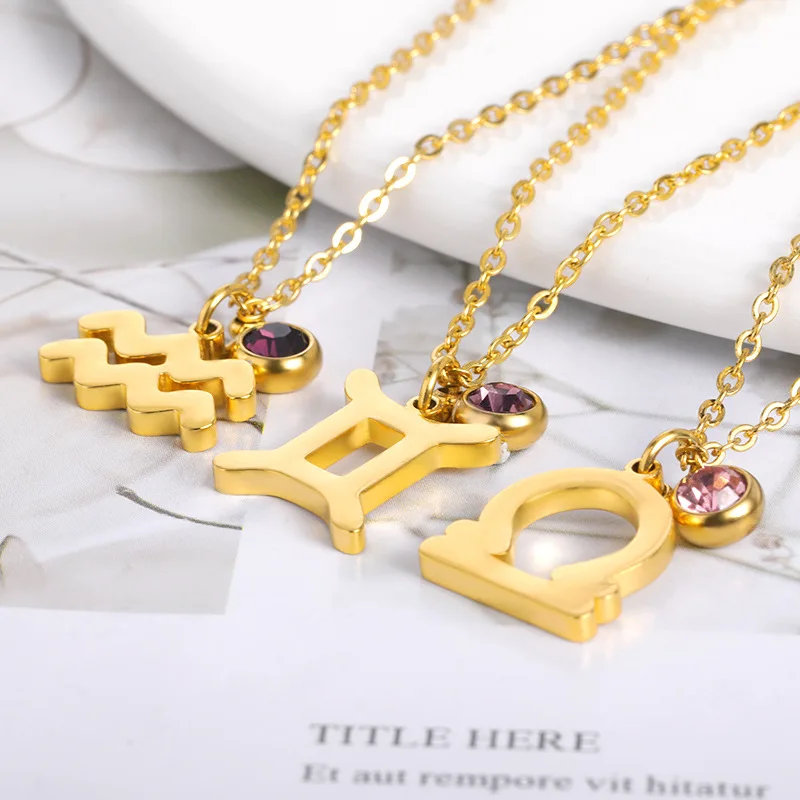 New Gold Color Colorful Birthstone Zodiac Sign Necklace Stainless Steel Pendant
