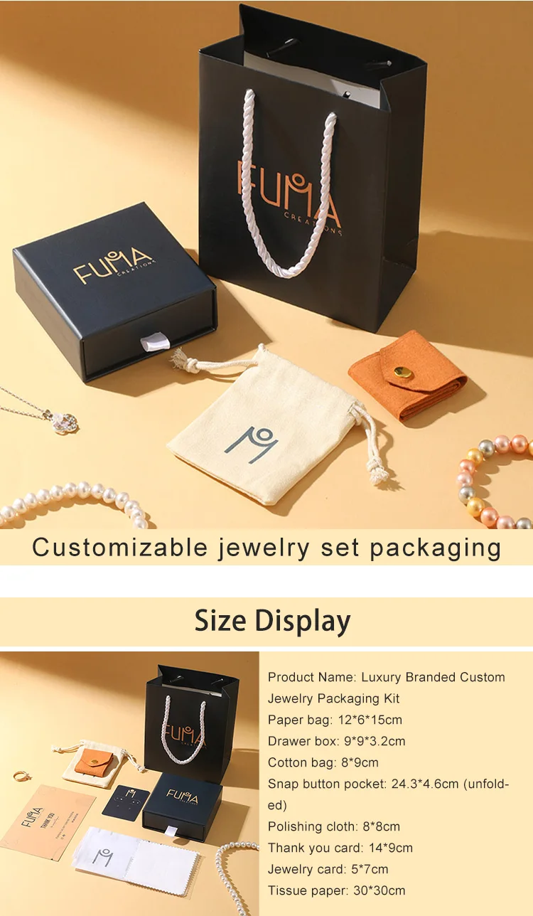 Luxury Jewelry Gift Box Set Custom Drawer Box Paper Cotton Bags Microfiber Buckle Closure Storing Earrings Necklaces Bracelets details