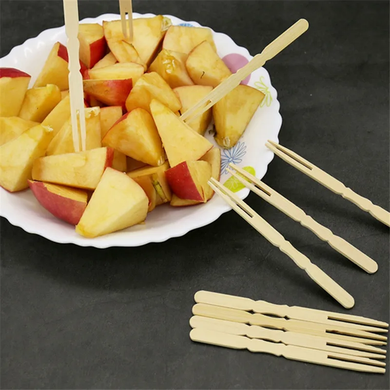 Party Supplier Bamboo Disposable Dessert Fruit Cake Forks Compostable Two-tine Wooden Chip Fork