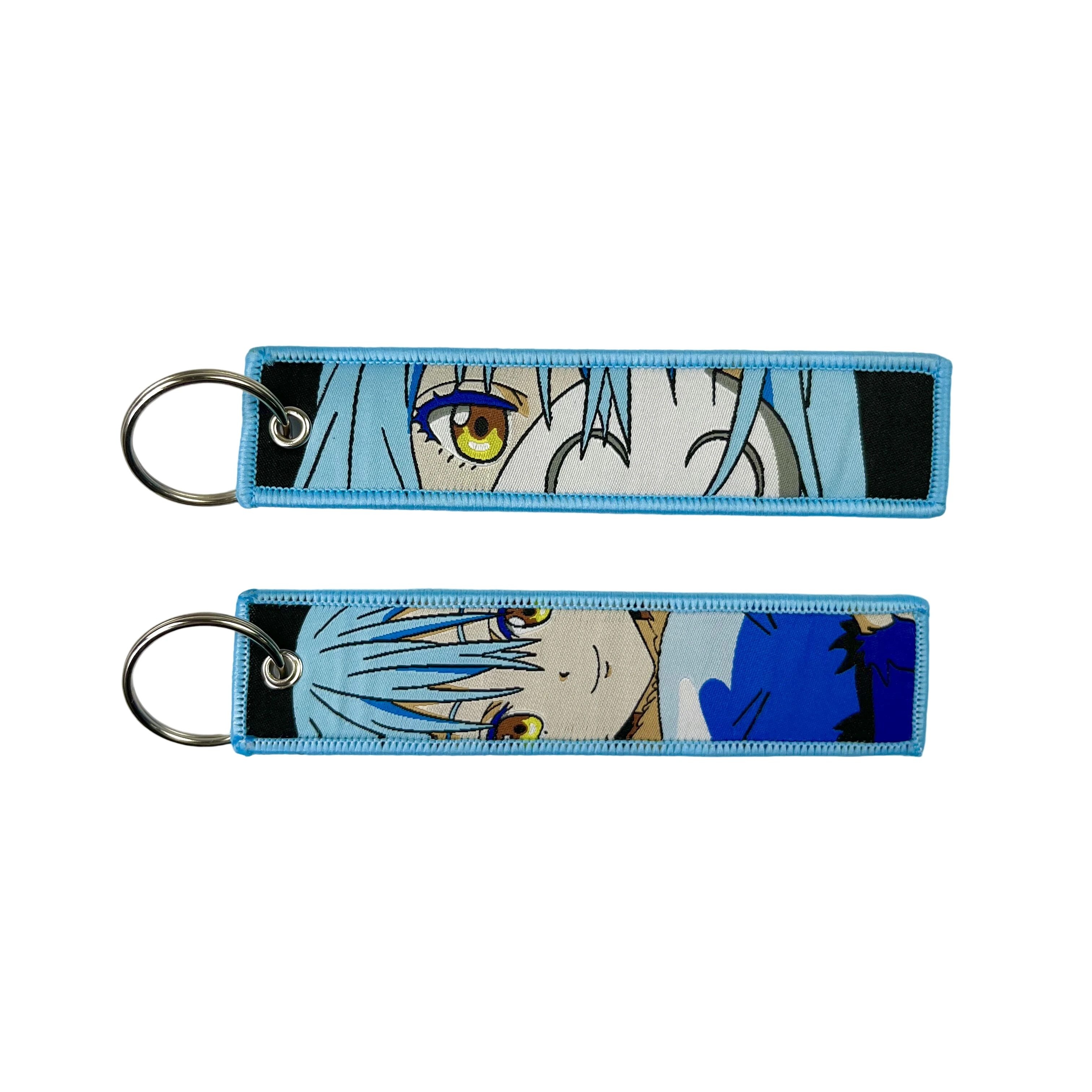 100 Designs High Quality Factory Custom Key Ring Anime Fabric Keyring Satoru Gojo Woven Logo Jet Tag Key Chain Embroidery