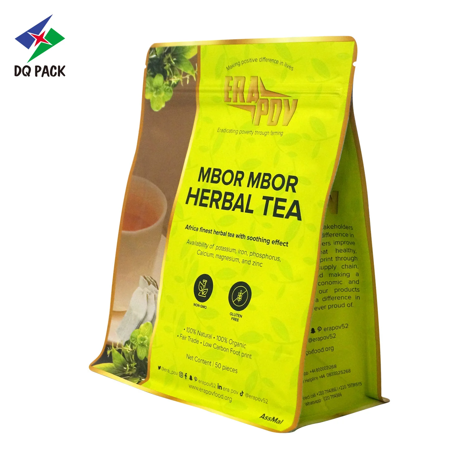 Tea bag packaging bags  Flat Bottom Pouch With Zipper For Food Packaging Quad Seal Pouch