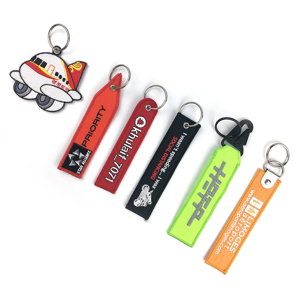 Promotional Gifts Custom Cheap Jet Tag Fabric Embroidery Car Keychains Wove...