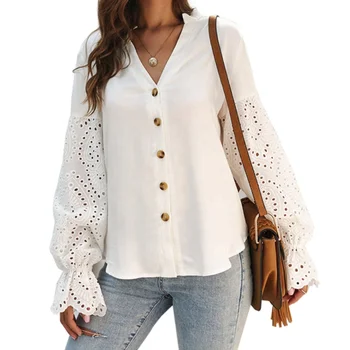 Women's Ruffle V Neck Peasant Long Sleeve Floral Blouse Top White Small Hole