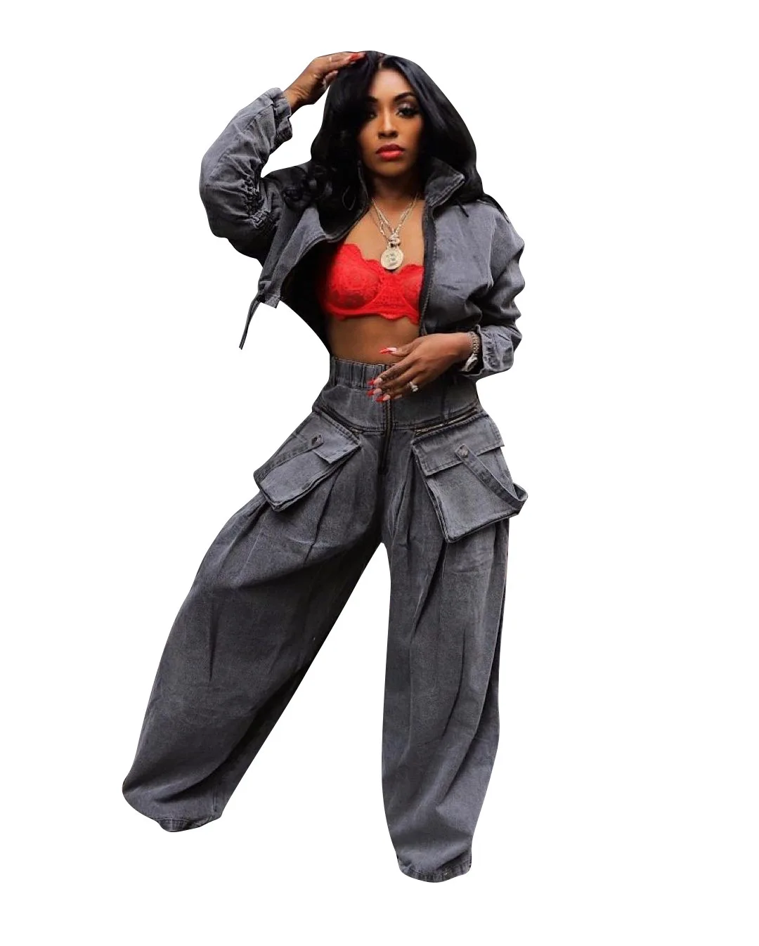 Cross-border Supply New European American Women's Casual Loose-fit Knee Denim Suit Bow Collar Vintage Style Comfortable