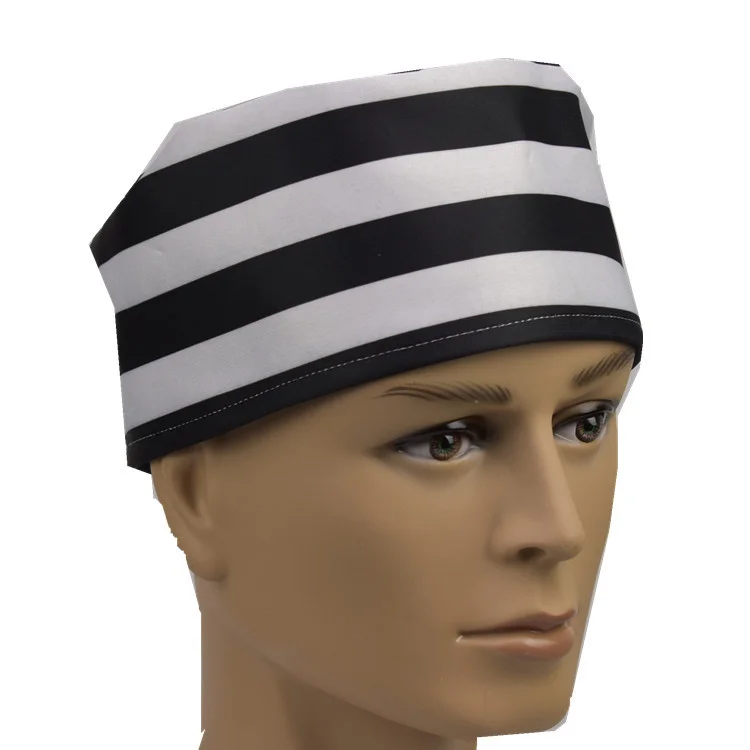 Manwu Factory's Handmade Polyester Prisoner Cap Black and White Striped Hat for Cosplay or Party Character Use