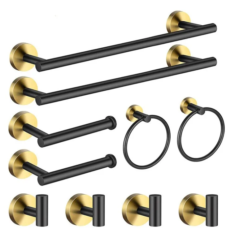 10 Pieces Modern Bathroom Hardware Accessories Set Black And Gold Towel