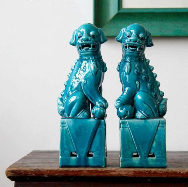 Middle  Size Blue Color Ceramic Fu Statue Home Decoration Standing Foo Dog