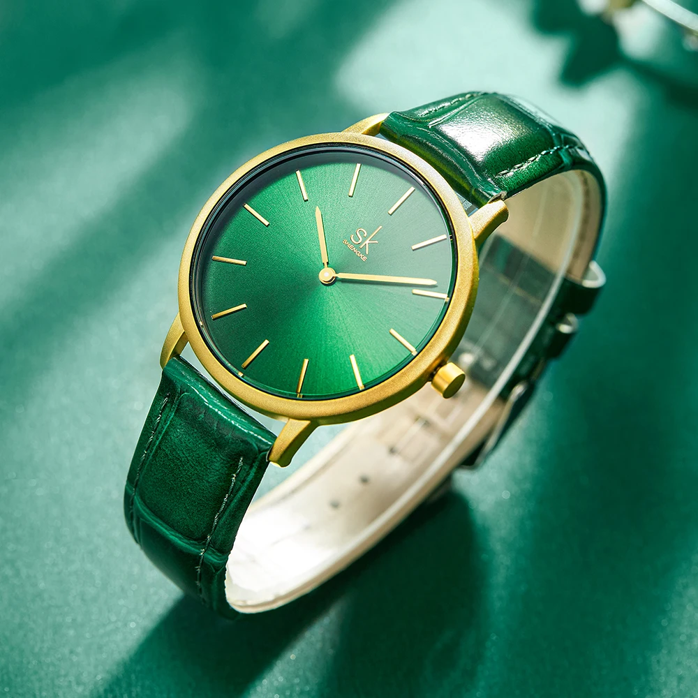 Shengke Damen uhren Mode Grünes Zifferblatt Damen uhr Luxus Ultra Dünne  Damen Quarz Armbanduhr Grünes Leder K0134L