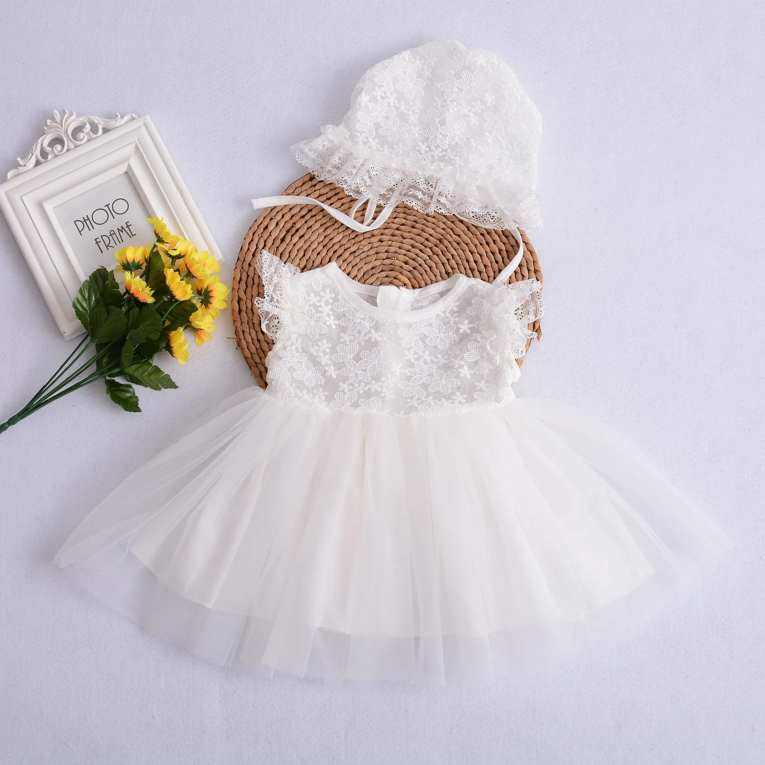 Newborn Baby Girl Summer Dress With Hat - Flower Lace Baptism Christening Outfit