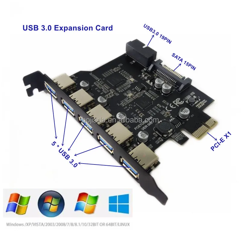 Wholesale 5 USB 3.0 Hub to PCI Express PCI-E PCIe Expansion Riser Card with 15Pin Power Connector From