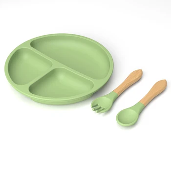 Food Grade Silicone Baby Tableware Set Soft Dinner Plate Spoon Fork Non-slip Feeding Plate With Sucker 3 Pieces Set