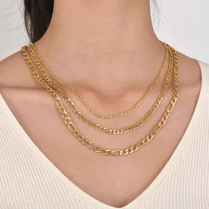 18K Gold Plated Stainless Steel Figaro Chain Necklace for Women Simple Stacked Design Non-Tarnish Jewelry for Girls