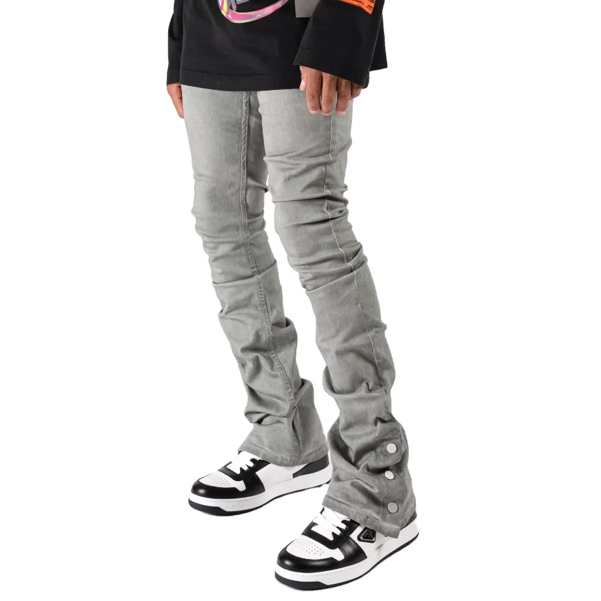 Custom Denim Luxury Flare Snap Button Branded Jeans Men Style Flared Pants  No Rips Distressed Skinny Stacked Jeans Grey Woven