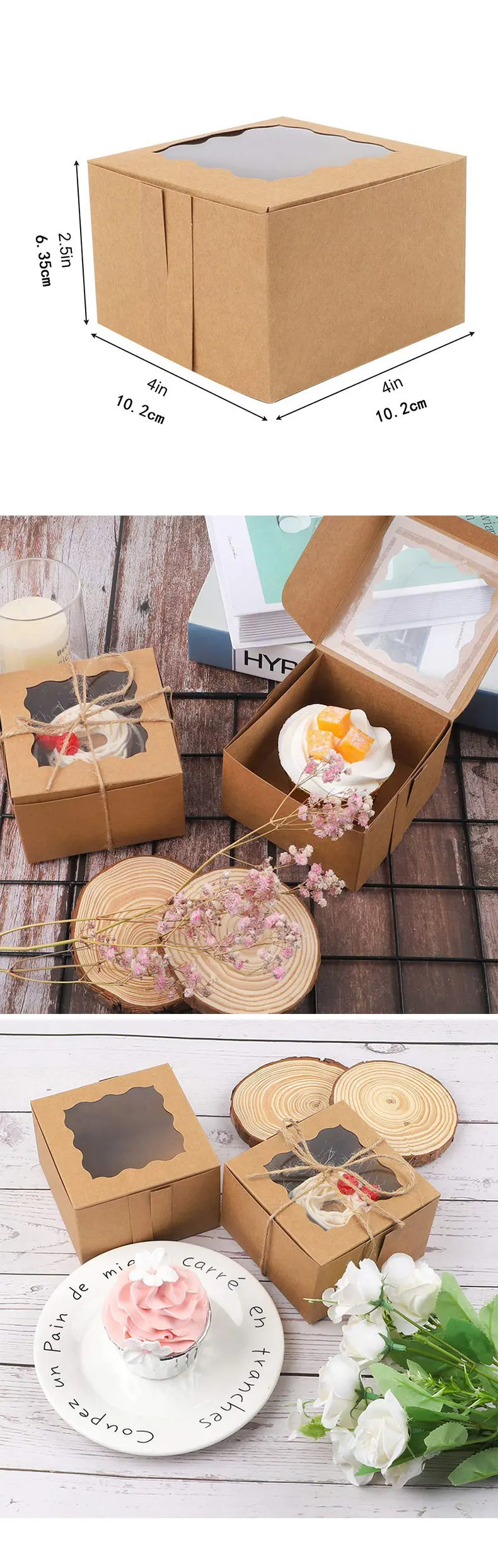 Kraft Paper Eco Friendly Cake Boxes 8x8x5inch Wedding Customizable Transparent Cake Box With Pvc