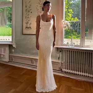 JY  Summer 2024 New Sequined Sleeveless Fish Tail Maxi Cami Dress Solid Bodycon Sexy Elegant Evening Dress for Women