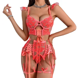 Ultra-Thin Four-Piece Underwire Sexy Lingerie Set Women Embroidery Transparent Lace-Up Hollow Out Body Shaping Suit Wholesale