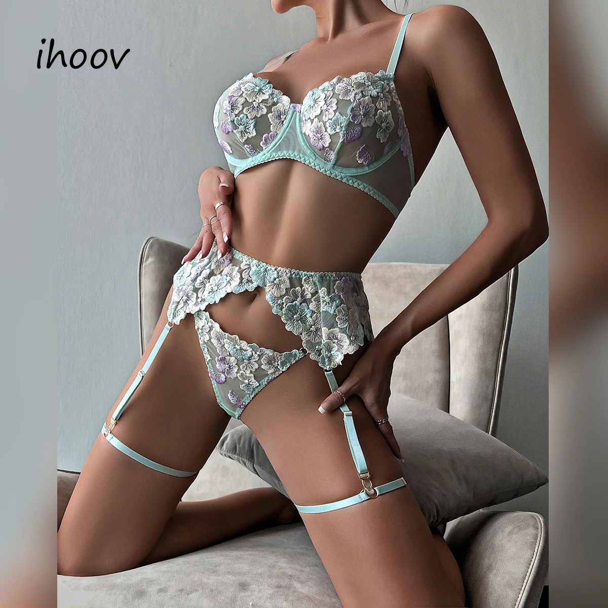 IHOOV Women's Underwear Bra Thong Set with Lace Embroidery Bordelle Designed Light Control Level Half Slip Type