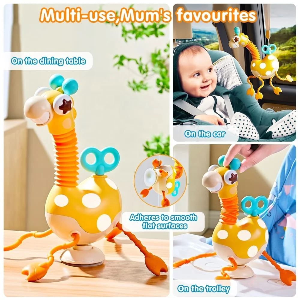 Baby Sensory Toys Montessori Food Grade Silicone Pull String Activity Toy,  Giraffe Toy with Twisting Clockwork&Neck Pop Tube