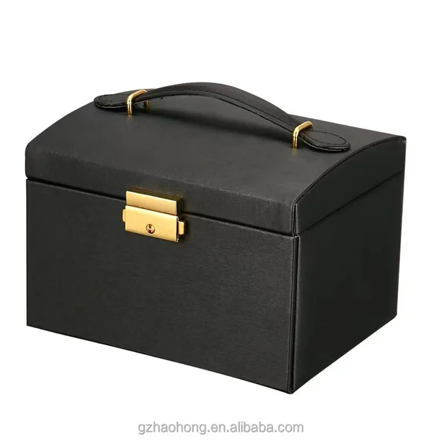 Wholesale price PU leather jewelry box with many compartments portable Large capacity makeup jewelry box with handle