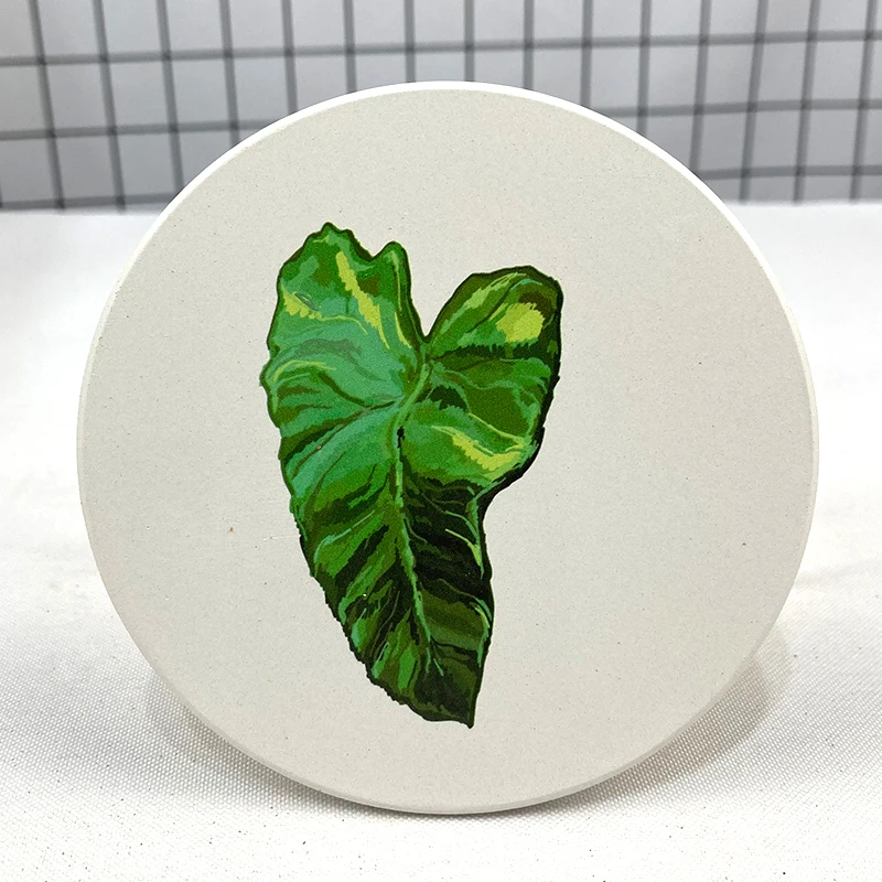 Free Sample White Ceramic Round Tile Coasters and Cup Mats Leaf Design Blank with UV Printing or Sublimation