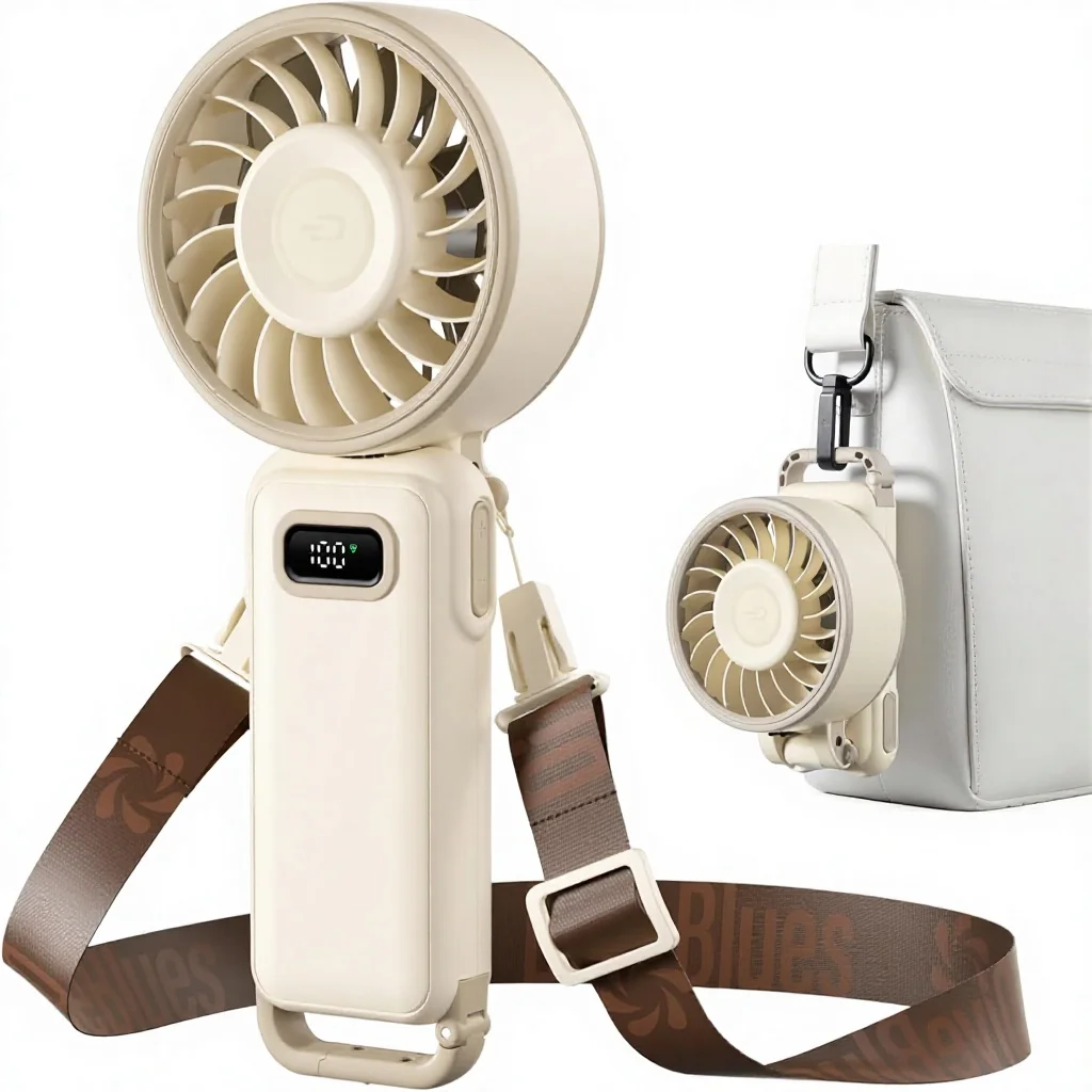 Portable Handheld Fan 7.4m/s High Speed Turbo 180 Foldable 4-in-1 Neck Fan Carabiner Clip 100 Speed Battery Powered Plastic
