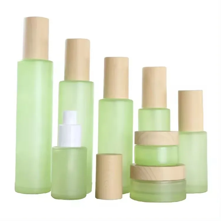 Custom container 20g30g50g30ml40ml60ml100ml120ml bamboo cap cosmetic frost green skincare packaging glass jar set