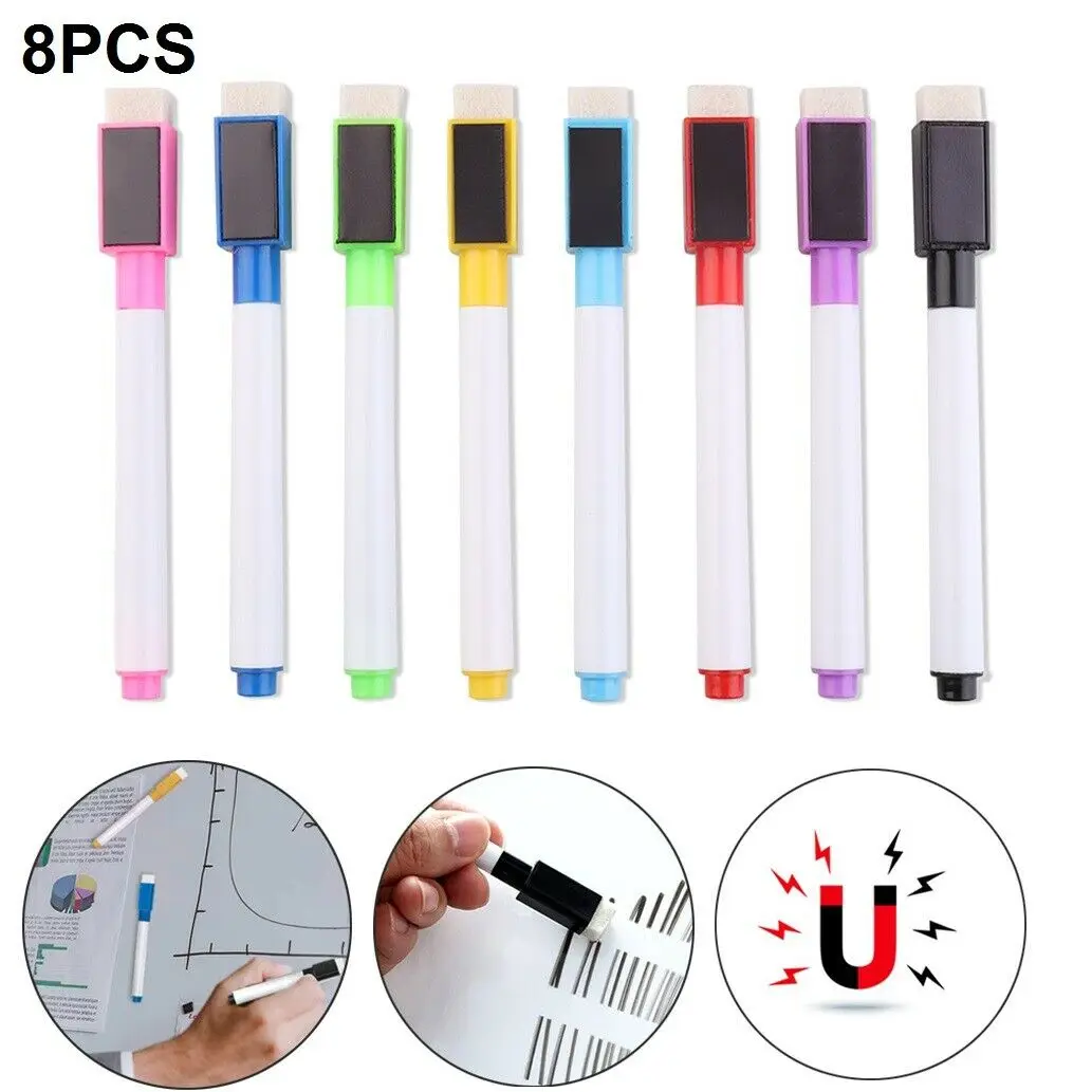 8 Colour Set Magnetic Dry Wipe White Board Window Markers Pens Built In Eraser 