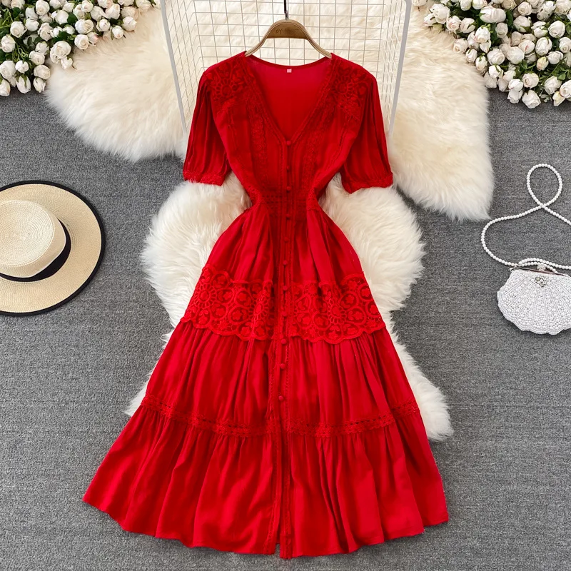 V-neck Red Dress Summer Style French Retro Temperament fairy Dress Seaside Vacation Dress V-neck Red Dress Summer Style French Retro Temperament fairy Dress Seaside Vacation Dress